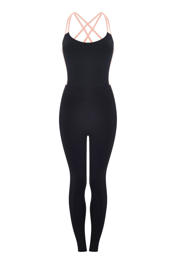 A black body suit with a coral back. the bodysuit is backless