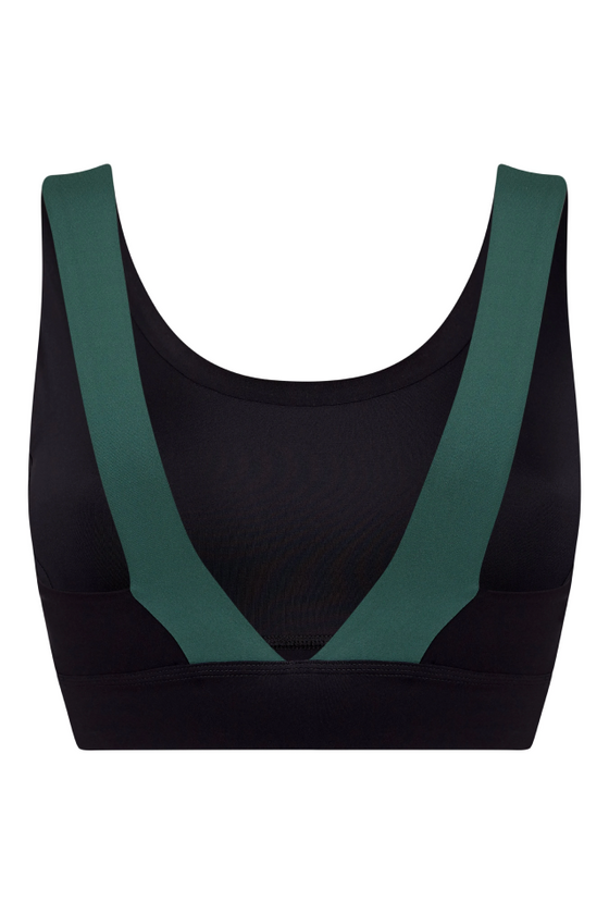 A black crop top with green stripes